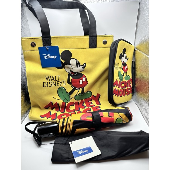 Disney Handbags - Disney Mickey Mouse Yellow Nylon Tote 12"x12"x5" W/ Umbrella &‎ Zipper Pouch NWT